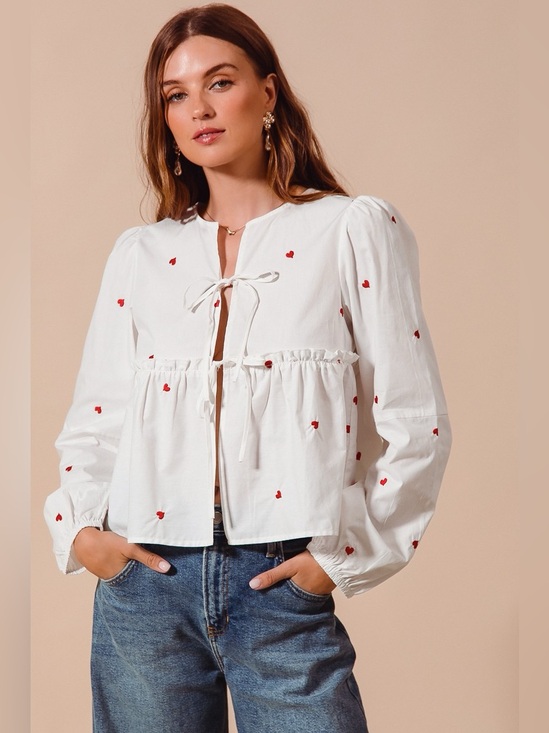 So Me Tops - SO ME Front Tie Heart Embroidered Blouse With Puff Sleeve